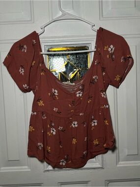 Hollister Rust Floral Short-Sleeve Peplum Blouse